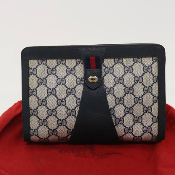 GUCCI GG Canvas Sherry Line Clutch Bag PVC Leather Gray Red Navy Auth th3543 - Picture 12 of 16